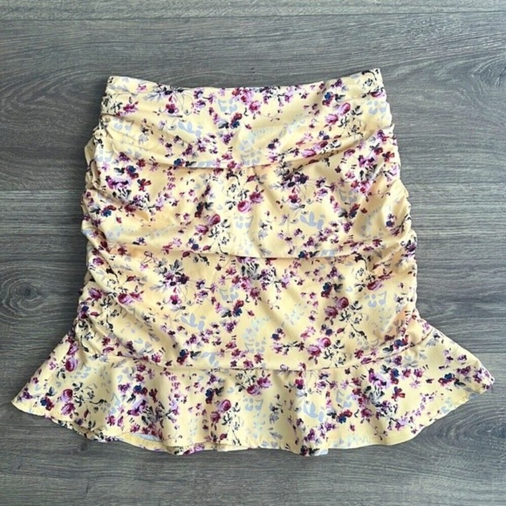 Princess Polly Catalina Mini Skirt Ruched Ruffle Hem Yellow Floral US 2
